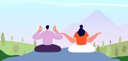 Meditation on nature. Man woman sitting on mountain. Relax on park, vacation or mind cleaning. Health wellbeing vector concept