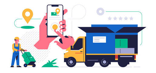 Fototapeta premium Online parcel delivery service concept. Mobile app concept. Hand holding phone with parcel delivery application on display. A courier carries a cart with boxes of orders to the truck.Flat illustration