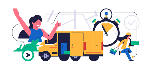 Online parcel delivery service concept. Online service for fast delivery of parcel to your home. Woman courier runs with an order for a happy woman. Truck with boxes. City map.Flat vector illustration