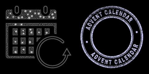 Majestic mesh net calendar rollback icon with glitter effect on a black background with round Advent Calendar scratched seal print. Vector carcass based on calendar rollback icon,