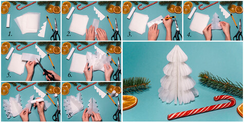 How to make origami volumetric Christmas tree from white paper craft. Children's art project. DIY...