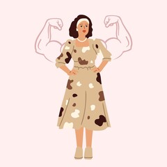 Strong woman. Female power metaphor. Cute girl in dress and muscle arms behind her. Independence, self mind and business. Confident lady vector character