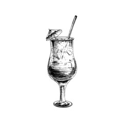 Blue lagoon cocktail with straw, umbrella and ice cube. Vintage hatching vector