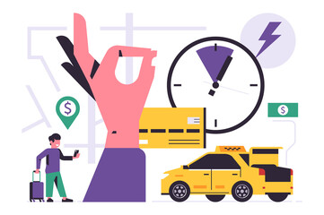 Online taxi ordering service. City taxi service. A man with a suitcase is waiting for a yellow cab. Bank card, stopwatch, hand showing ok symbol, city map. Flat vector illustration