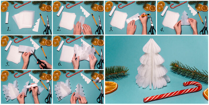 How to make origami volumetric Christmas tree from white paper craft. Children's art project. DIY concept. Step by step photo instruction collage
