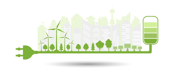 Ecological city and environment conservation. Eco friendly charging symbol with plug electric. Silhouette green city with renewable energy sources.