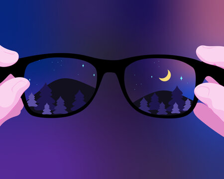 Looking through glasses at night with mountain landscape