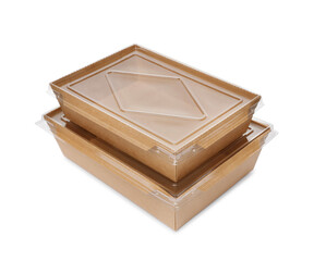 Empty paper containers for food on white background