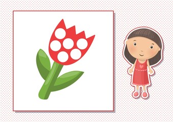 Printable worksheet. Finger painting. Cute cartoon flower tulip. Vector illustration. Horizontal A4 page Color red.
