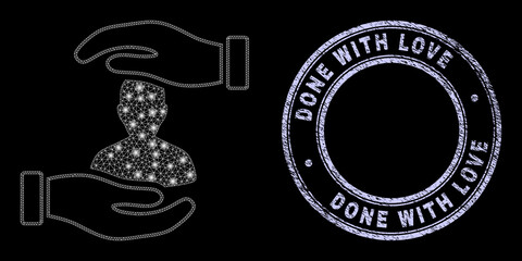 Majestic mesh net customer care hands icon with glow effect on a black background with round Done with Love textured stamp seal. Vector carcass is based on customer care hands icon,
