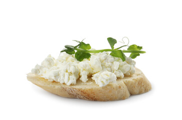 Bread with cottage cheese and microgreens on white background