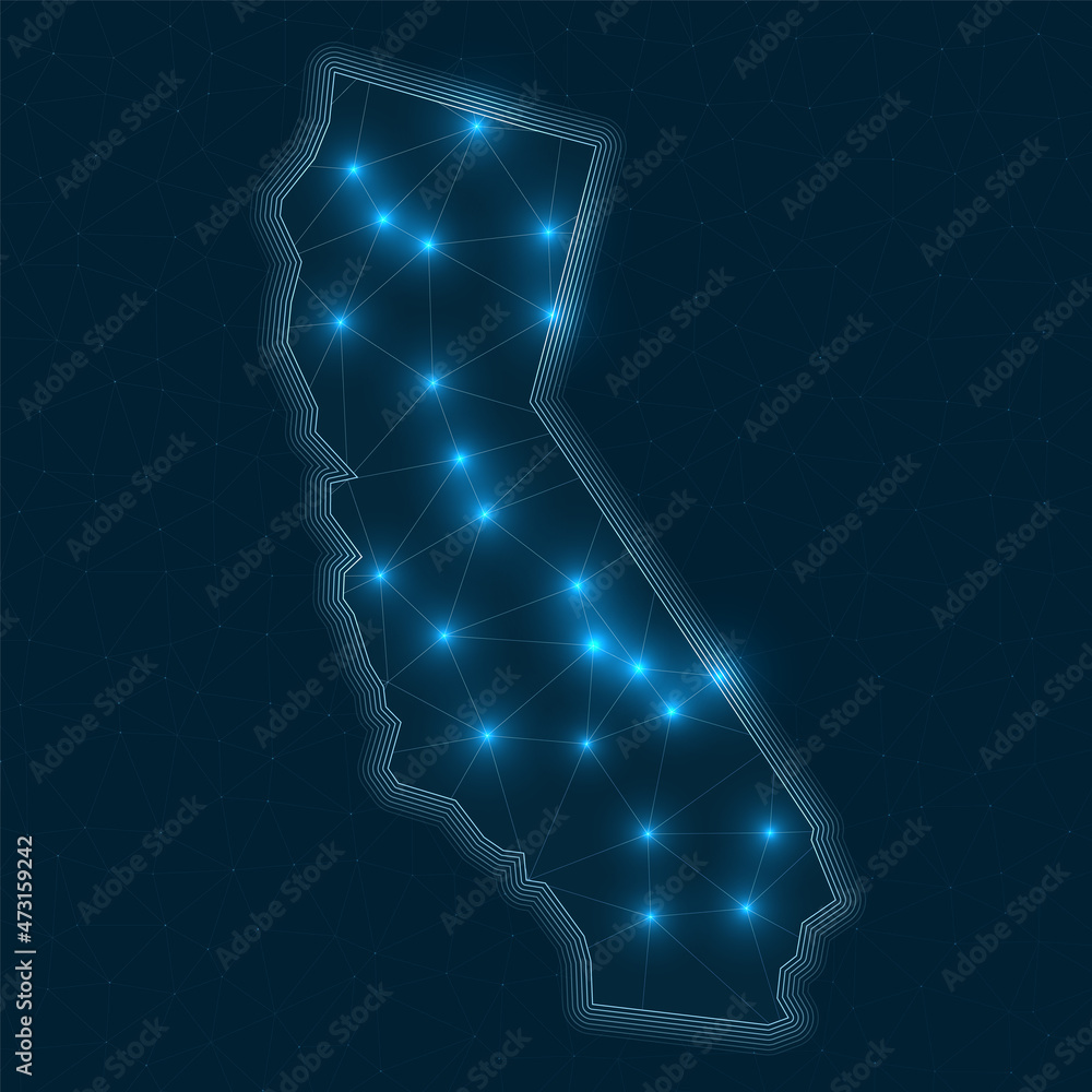 Poster california network map. abstract geometric map of the us state. digital connections and telecommunic