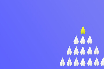 yellow paper plane leading among a white planes on blue background. Business competition and...
