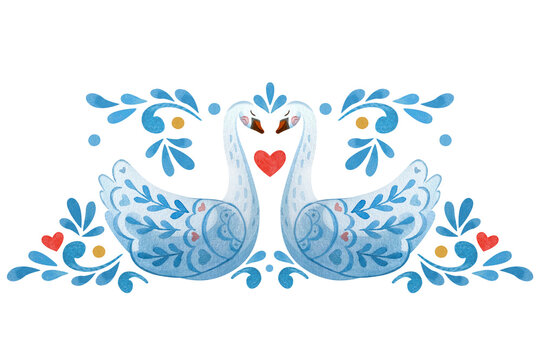 Symmetrical composition with swans, flowers and hearts on the theme of valentines day.