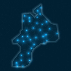 Mayreau network map. Abstract geometric map of the island. Digital connections and telecommunication design. Glowing internet network. Radiant vector illustration.