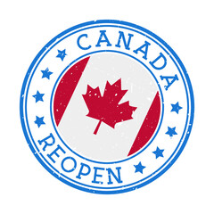 Canada Reopening Stamp. Round badge of country with flag of Canada. Reopening after lock-down sign. Vector illustration.