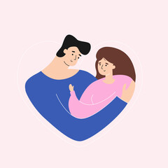 Illustrations of a couple consisting of a man and a woman in the shape of a heart in pastel colors