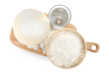 Dough and ingredients on white background, top view. Sodawater bread recipe