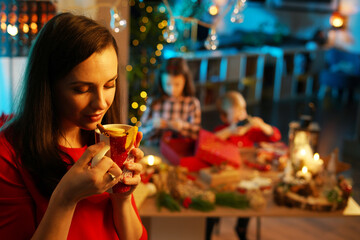Charming brunette lady drinking an aromatic winter cup of the tea