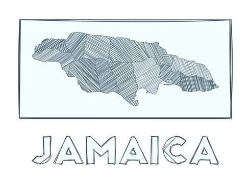 Sketch map of Jamaica. Grayscale hand drawn map of the country. Filled regions with hachure stripes. Vector illustration.