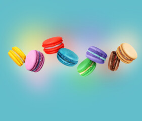 Сolored macaroons with different flavors in the air on a blue background