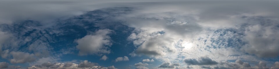 Obraz premium Blue sky panorama with Cirrus clouds in Seamless spherical equirectangular format. Full zenith for use in 3D graphics, game and editing aerial drone 360 degree panoramas for sky replacement.
