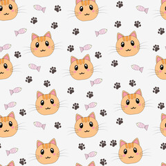 seamless pattern with cats, paws and fish, vector illustration