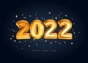 Fototapeta na wymiar 2022 golden decoration holiday on bblack background with confetti. Gold foil balloons numeral 2022 realistic, glitter gold confetti and serpentine. Horizontal banner. Happy new year. Vector