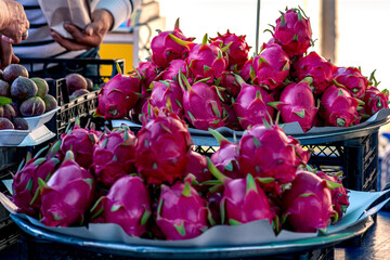 pitaya fruits on the counter in the local market close-up