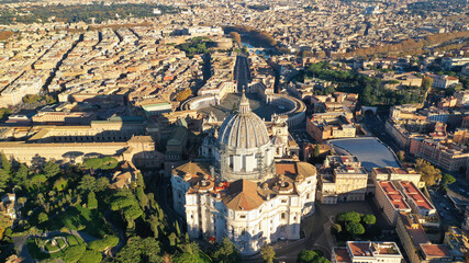 Aerial drone photo of iconic masterpiece Saint Peter Basilica and whole city of Vatican the biggest...