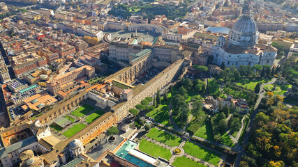 Fototapeta na wymiar Aerial drone photo of iconic masterpiece Saint Peter Basilica and whole city of Vatican the biggest church in the world, Metropolitan city of Rome, Italy