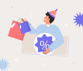 Man holding a lot of colorful bags. E-commerce and online shopping. Cashback Offer, Total Sale and Festive Discount Concept. Flat style vector.
