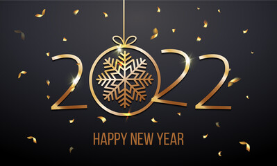 Obraz na płótnie Canvas Greeting card web banner or poster with happy new year 2022 with snowflake gold glitter confetti and shine. Luxury golden and black color invitation. Vector illustration for web. EPS . Vector
