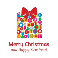 Christmas card template with gift made of Christmas toys. Merry Christmas! Happy New Year!