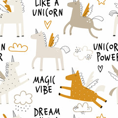 Vector color hand-drawn seamless repeating childish pattern with cute unicorns in Scandinavian style on a white background. Kids texture for fabric, wrapping, textile, wallpaper, apparel. Horse. © ZHUKO