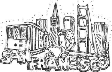 San Francisco, California in USA. Sketchy hand-drawn vector illustration. San Francisco, sketch black and white illustration, city attractions.