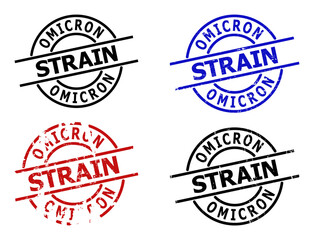 Obraz premium OMICRON STRAIN seal versions. OMICRON STRAIN text is between parallel lines inside circle frame. Rough OMICRON STRAIN seal stamp versions in red, black, blue colors, with distress surface.