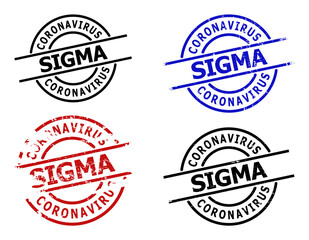 Obraz premium CORONAVIRUS SIGMA seal stamp versions. CORONAVIRUS SIGMA text is between parallel lines inside circle frame. Rough CORONAVIRUS SIGMA seal versions in red, black, blue colors, with unclean style.