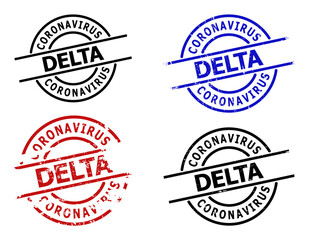 CORONAVIRUS DELTA seal stamp versions. CORONAVIRUS DELTA caption is between parallel lines inside circle frame. Rough CORONAVIRUS DELTA seal versions in red, black, blue colors, with grunge surface.