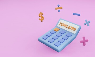Cute pastel 3d rendering calculator, financial working tools calculator background, accounting business background, 3d background of study tools, web banner design for accounting business, - obrazy, fototapety, plakaty