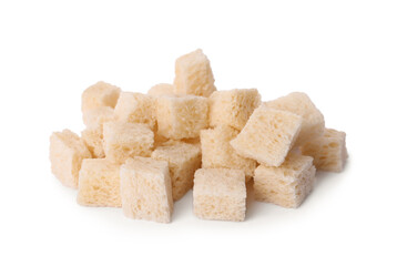 Heap of crispy croutons on white background