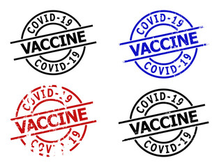 COVID-19 VACCINE stamp versions. COVID-19 VACCINE text is between parallel lines inside circle frame. Rough COVID-19 VACCINE stamp versions in red, black, blue colors, with scratched surface.