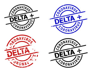 CORONAVIRUS DELTA + seal versions. CORONAVIRUS DELTA + title is between parallel lines inside circle frame. Rough CORONAVIRUS DELTA + seal versions in red, black, blue colors, with grunge style.