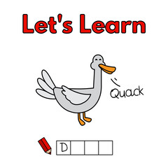 Cartoon duck learning game for small children - write the word. Vector illustration for kids