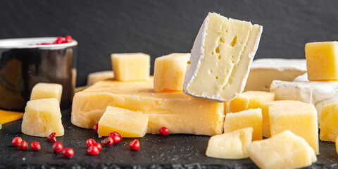 cheese assortment different types antipasto cheeses aperitif meal snack on the table copy space food background rustic