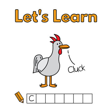 Cartoon chicken learning game for small children - write the word. Vector illustration for kids