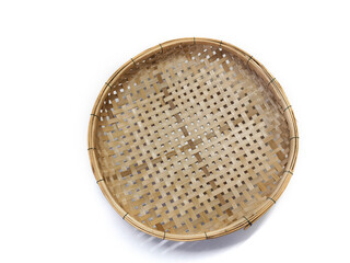 native thai threshing bamboo basket isolated on white background, traditionnel wicker basket