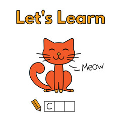 Cartoon cat learning game for small children - write the word. Vector illustration for kids