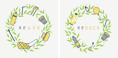 ECO FRIENDLY. Reuse. Reduce. Recycle. Reusable things: bag, cup, lunch box, toothbrush, tubule, etc. Environment protection, sustainability concept. Vector illustration. 