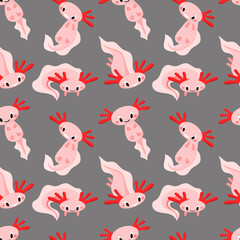 Fototapeta premium Vector pattern with cute pink axolotl, amphibian, marine animal, cartoon-style pattern on a gray background. Children's pattern for fabrics, pajamas, dresses, posters.